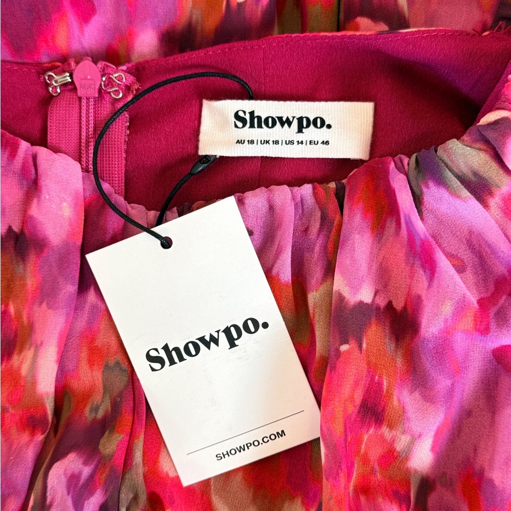Showpo. Clabelle Vibrant Mini Dress Floral Pink/Purple Sheer Flowy Size-14 NWT - Picture 6 of 8